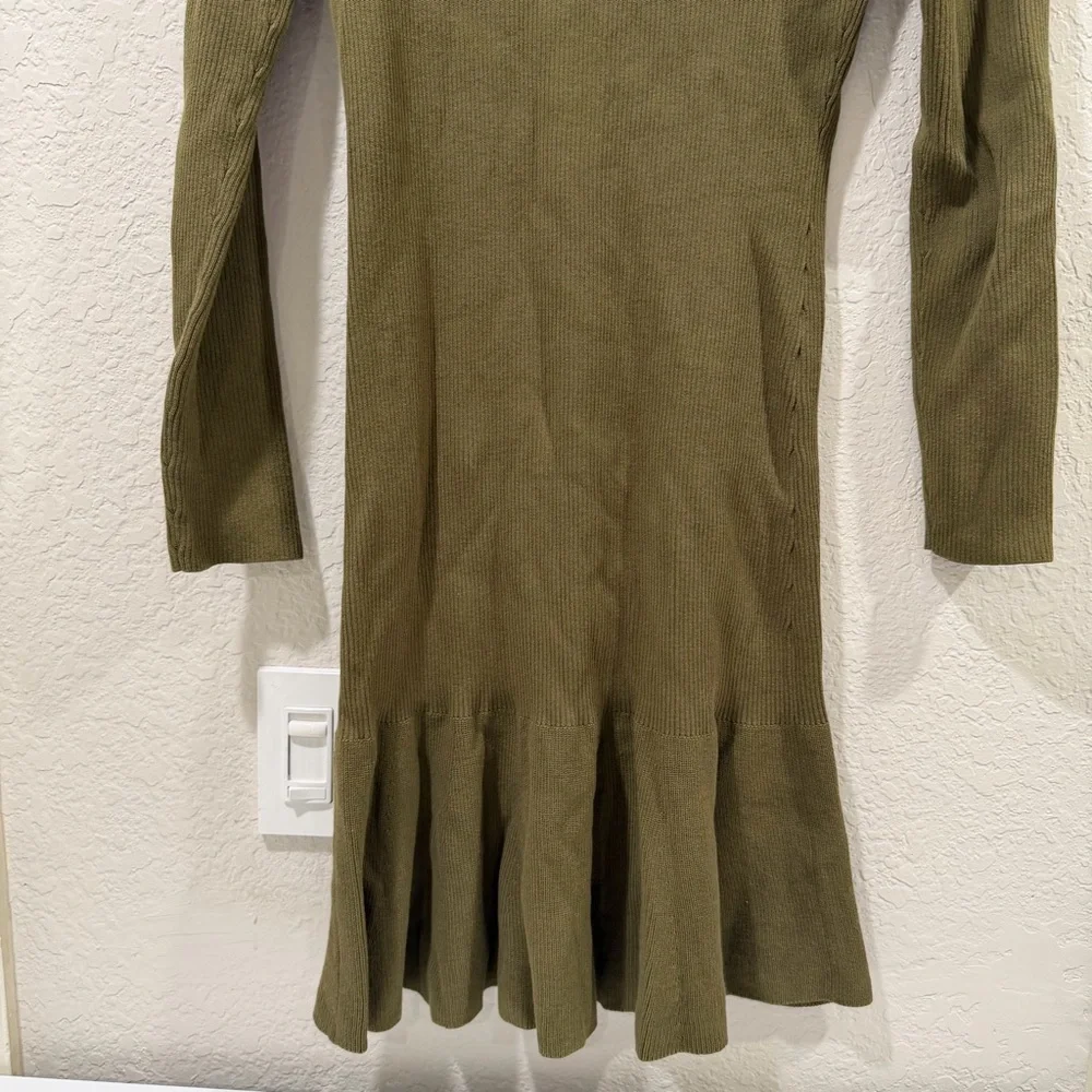 DEREK LAM 10 CROSBY Vanessa Ribbed Knit Flounce Dress In Olive Size Medium - Picture 8 of 15